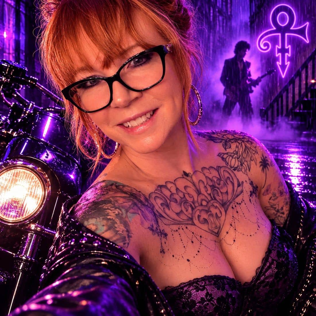Lisa Marshall in front of a purple lit Prince backdrop, with the Prince symbol behind her